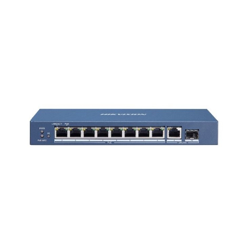 Коммутатор Hikvision 8 RJ45 1000M PoE с грозозащитой 6кВ, 1 Uplink порт 1000М Ethernet,1 1000М SFP uplink порт; бюджет PoE 58Вт;таблица MAC адресов на 4000 записей; пропускная способность 20Гб/с; стандарты PoE: IEEE802.3af, IEEE802.3at; 48 VDC, 1.35 A; -10 °C...+55°C.