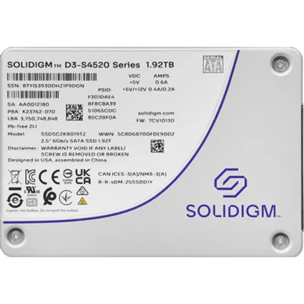 Solidigm SSDSC2KB019TZ1Z Solidigm SSD D3-S4520 Series, 1920GB, 2.5" 7mm, SATA3, TLC, R/W 550/510MB/s, IOPs 91 000/38 000, TBW 8800, DWPD 3 (12 мес.)