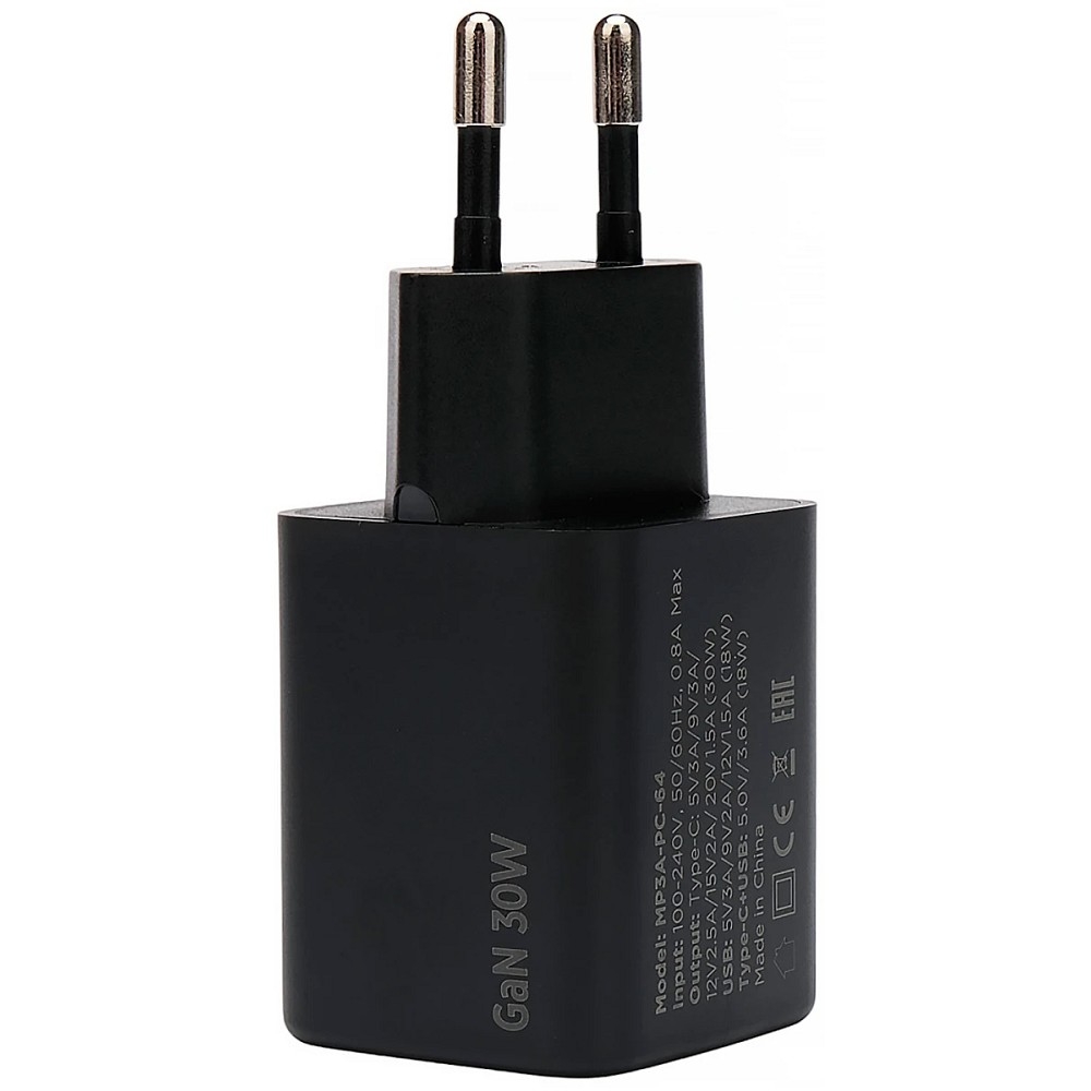 Cablexpert зарядное устройство 30Вт GaN, 3А, QC4.0/PD, 1xUSB, 1xType-C, черный, пакет (MP3A-PC-64)
