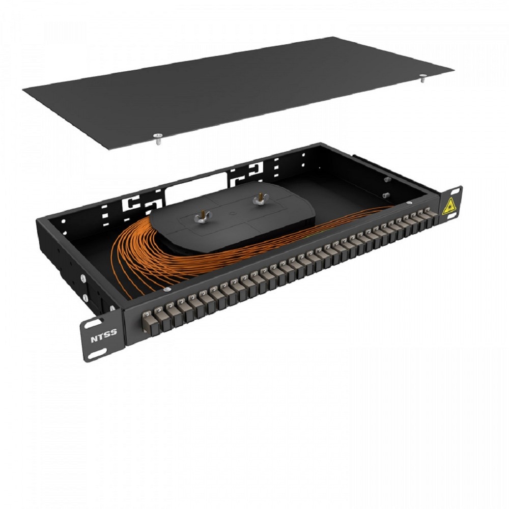 NTSS Кросс 19" NTSS PREMIUM, предсобранный 1U, 32 порта SC/UPC 62.5/125 мкм, (сплошная панель, розетки, сплайс, КДЗС, пигтейлы), черный, RAL9005 NTSS-RFOB-PM-1U-32-SC/U-62.5-SP1.5G0A-BL