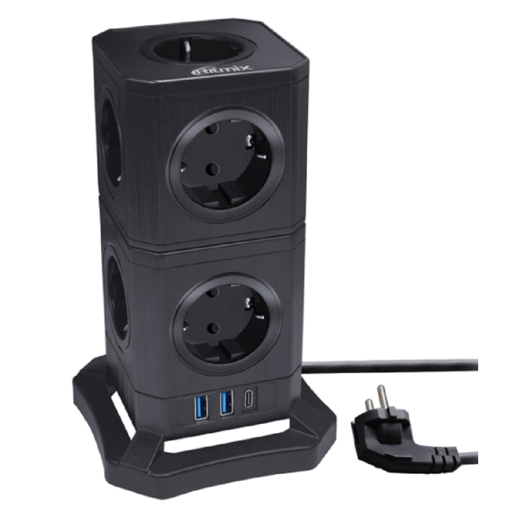 RITMIX RM-292C Black Сетевой фильтр с кнопкой питания {16 А, 9 розеток, USB Type-C 30 Ватт и два USB A 5 В, 2,4А, 2 м } {80003365}