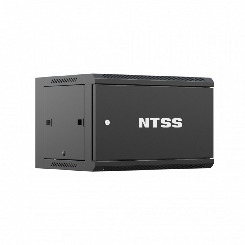 NTSS Шкаф настенный телекоммуникационный NTSS W 6U 600х450х370мм, 2 профиля 19, дверь сплошная металл, боковые стенки съемные, разобранный, черный RAL 9005 NTSS-W6U6045FD-BL