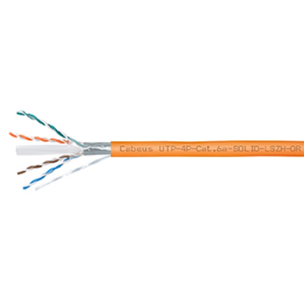 Cabeus UTP-4P-Cat.6a-SOLID-LSZH-OR Кабель витая пара UTP (U/UTP), категория 6A, 4 пары (23 AWG), одножильный, LSZH нг(А)-HF, оранжевый (305 м) 305м