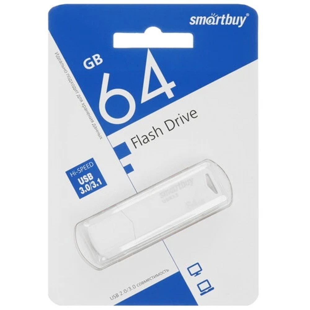 Флешка USB Smartbuy CLUE white (SB64GbCLU-W3), 64Gb, USB 3.0, R/W 70/25, белый