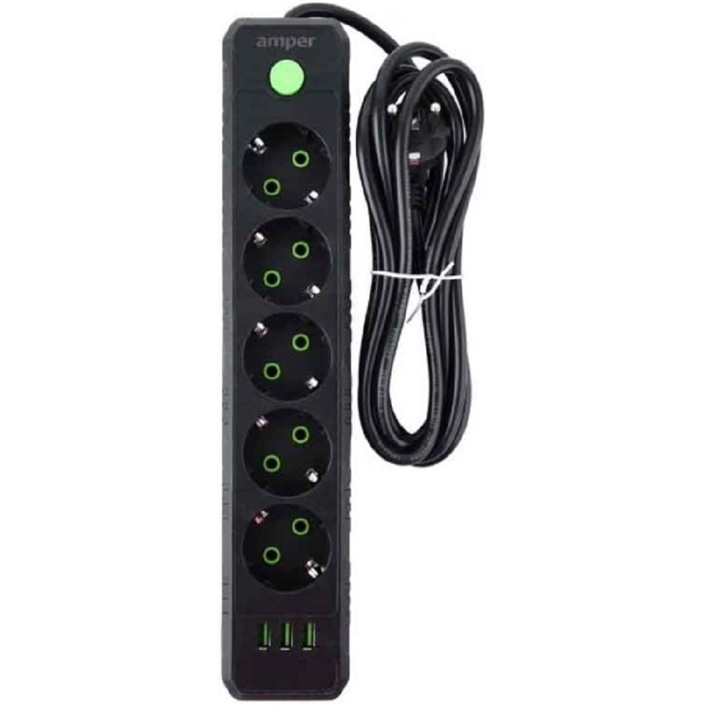 Amper сетевой удлинитель, 4,0м, 5 розеток, 10А, 2500 Вт, 3usb, черный. [JH-1033U-4B]