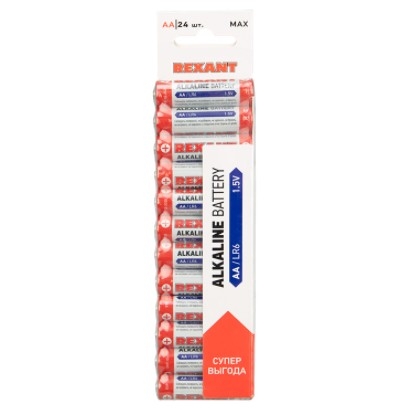 Rexant (30-102) Батарейка алкалиновая AA/LR6, 1,5В, 24 шт, блистер