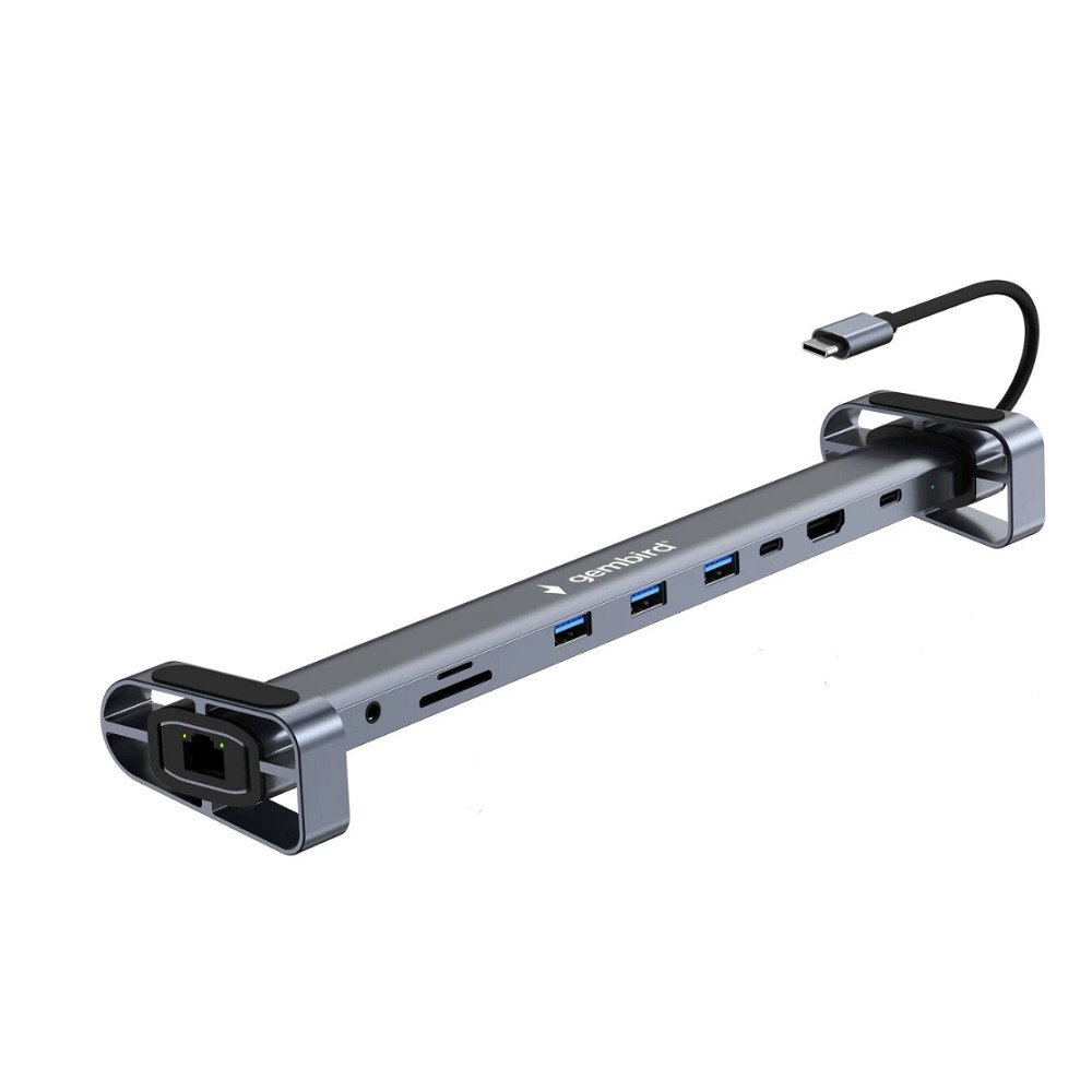Док-станция Type-C Gembird UHB-D5 10в1:3xUSB3.1, Type-C PD87W,Jack 3.5,SD/TF,HDMI,RJ45,Type-C, кабель 14см, алюминий