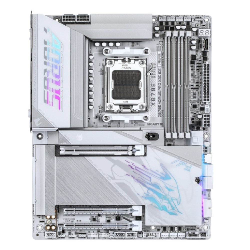 Материнская плата Gigabyte X870E AORUS PRO X3D ICE, AM5, AMD X870E, 4xDDR5, 4xSATA, 4xM.2, 1xPCIe 5.0 x16, 1xPCIe 4.0 x16, 1xPCIe 3.0 x16, 1xHDMI, 1x5Gb LAN, Wi-Fi 7, Bluetooth 5.4, 2xUSB-C 40Gbps (USB4), 2xUSB-C 10Gbps, 5xUSB-A 10Gbps, 3xUSB-A 5Gbps, 3x3.5 мм + S/PDIF оптический, 7.1, белый, ATX