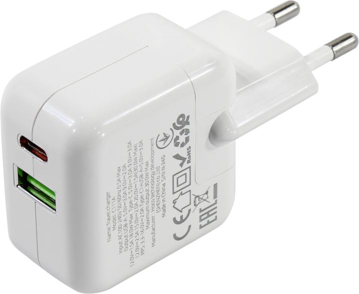 Hoco <C111A White> Зарядное устройство USB (Вых. DC5/9/12V,  30W, USB, USB-C)