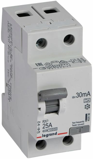 Выключатель дифференциального тока (ВДТ, УЗО) Legrand 402036 RX? - 2П, 230 В~, 25 А, тип A, 30 мА, 2 модуля