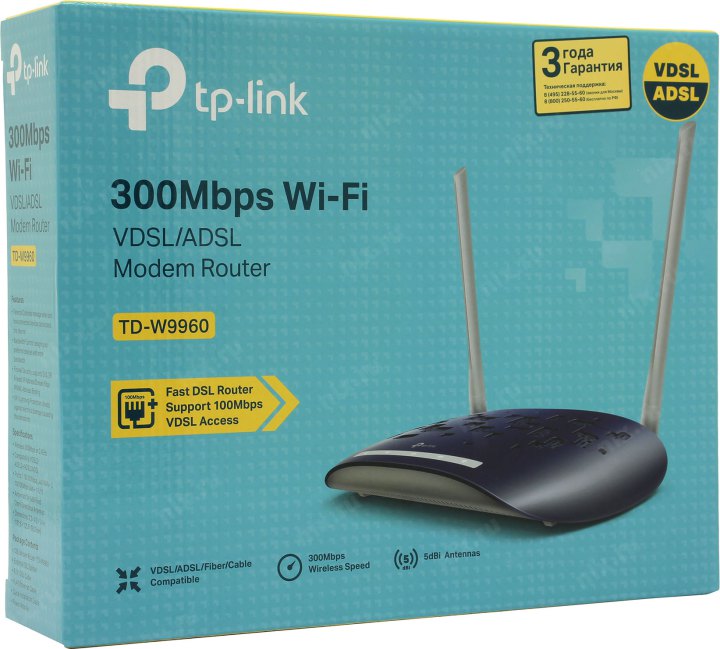 TP-LINK <TD-W9960> Wireless VDSL/ADSL2+ Modem Router (3UTP 100Mbps,  1WAN/LAN, RJ11, 3x5dBi)