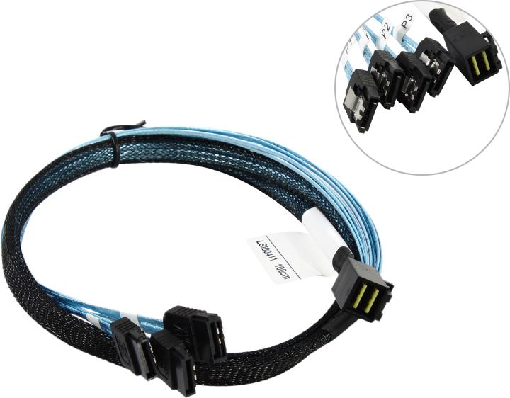 Кабель Amphenol CBL-8643-4-SATA-10 черный (1м, SFF-8643/4xSATA, экран, пакет) (CBL-8643-4-SATA-10)
