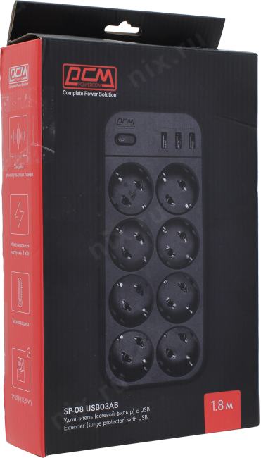 Сетевой фильтр PowerCom SP-08 USB03AB Black <1.8м> 8  розеток,  3xUSB