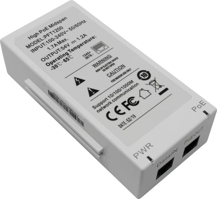 Инжектор PoE Dahua DH-PFT1200, Hi-PoE, 60Вт, 2×GbE