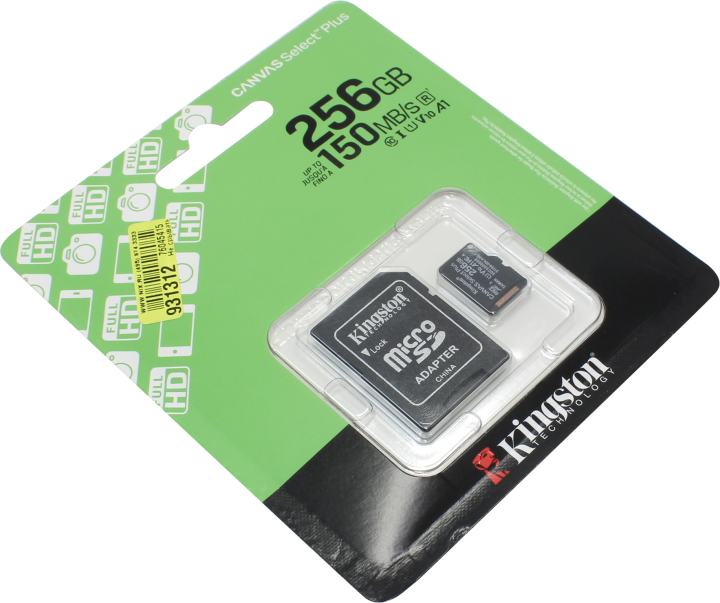 Kingston <SDCS3/256GB> microSDXC Memory Card 256Gb A1 V10 UHS-I U1 +  microSD-->SD  Adapter