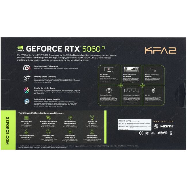 56ISN8MDABCK KFA2 RTX 5060 Ti C-series OC 2FAN LED Black [PCIe 5.0,GPU 2407 МГц,8  ГБ  GDDR7,128  бит,3 x,]