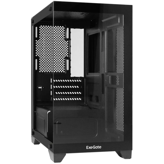 Exegate EX299006RUS Корпус Minitower ExeGate i3 SEA LE (mATX, без БП, 1*USB+1*USB3.0, HD аудио, черный, 1 вент. 12см с RGB подсветкой, передняя и боковая панели - закаленное стекло)