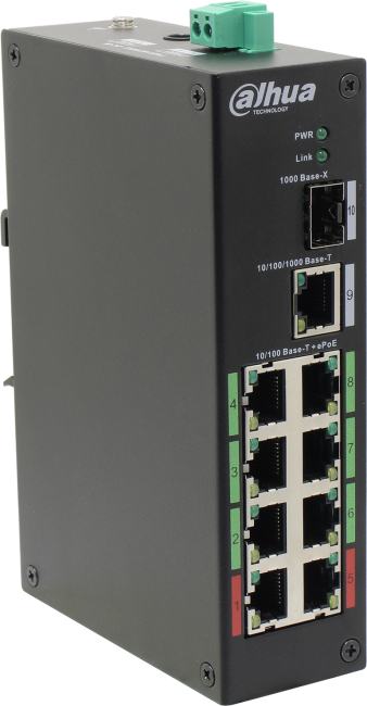 DAHUA DH-LR2110-8ET-120 8-портовый неуправляемый коммутатор с ePoE, уличное исполнение, 8xRJ45 1Gb ePoE, 1xRJ45 1Gb + 1xSFP 1Gb uplink, суммарно 120Вт, коммутация 8.8 Гбит/с, MAC-таблица 8К