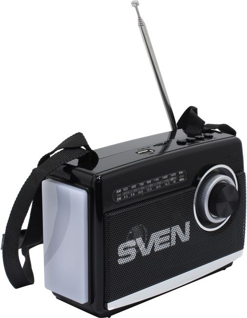 SVEN <SRP-155 Black> Радиоприёмник (3W, FM/AM/SW, Bluetooth, USB,  microSD, фонарь, Li-Ion)