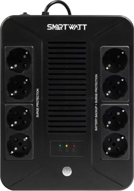 Источник бесперебойного питания SMARTWATT UPS SAFE PRO 800, 800/480 ВА/Вт, напольный/настенный, линейно-интерактивный, LED индикация, Shuko CEE7/4 - 8 шт. (4 шт. с резервным питанием, 4 шт. - сетевой фильтр)