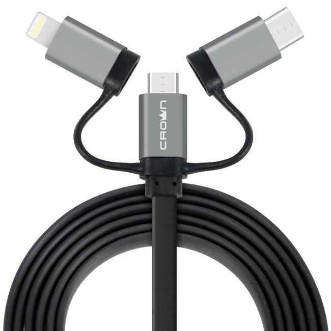 Кабель Crown USB - microUSB/USB Type-C/Lightning CMCU-3182 black; плоский; в оплётке ПВХ; коннекторы Метал; ток 2А; 100