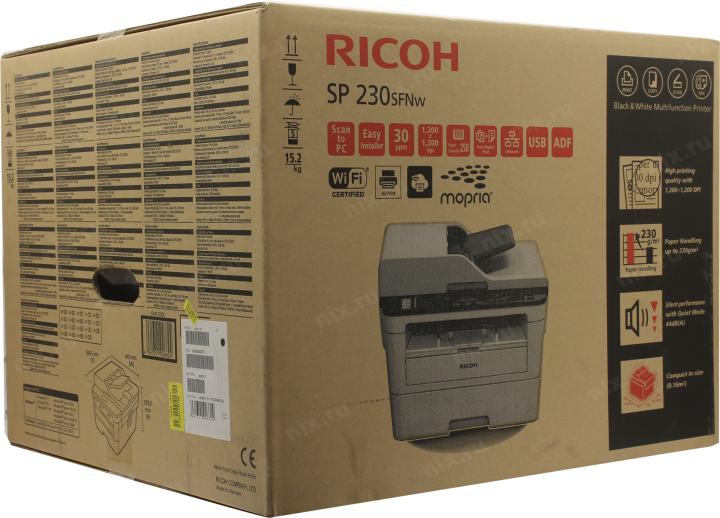 Ricoh <SP 230SFNw> (A4, 30 стр/мин, 64Mb, LCD, лазерное МФУ, факс,  1200 dpi, USB2.0,сетевой,WiFi,двуст.печать,ADF)