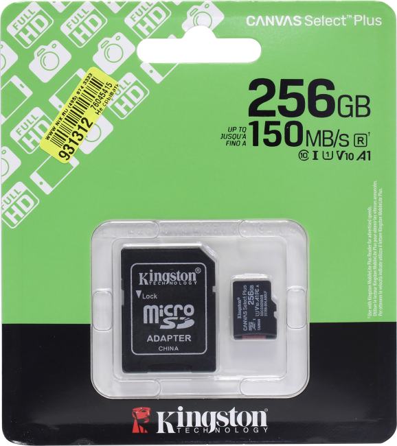 Kingston <SDCS3/256GB> microSDXC Memory Card 256Gb A1 V10 UHS-I U1 +  microSD-->SD  Adapter