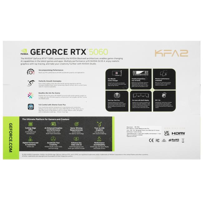 56NSN8MDDBBK KFA2 RTX 5060 ROCK(X) OC 2FAN RGB White [PCIe 5.0,GPU 2280 МГц,8  ГБ  GDDR7,128  бит,3 x,]