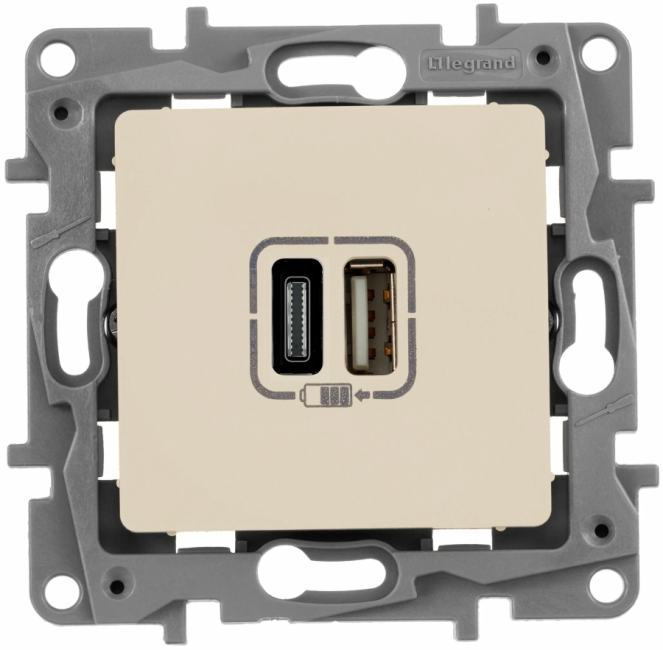 Зарядное устройство Legrand 672336 Etika - с двумя USB-разьемами, A-тип и С-тип, 240В/5В, 3000мА, цвет  слоновая  кость