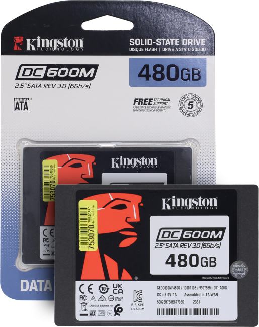 Твердотельный накопитель Kingston Enterprise SSD 480GB DC600M 2.5" SATA 3 R560/W470MB/s 3D TLC MTBF 2M 94 000/41 000 IOPS 876TBW (Mixed-Use) 1 year