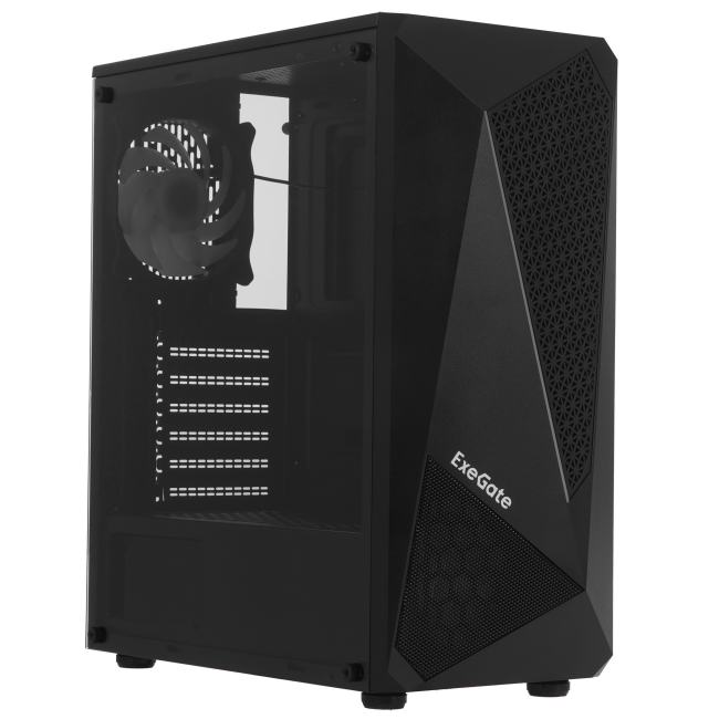 Exegate EX293015RUS Корпус Miditower ExeGate EVO-8225-NPX600 (ATX, БП 600NPX с вент. 12см, 2*USB+1*USB3.0, черный, 2 вент. с RGB подсветкой и полоса на передней панели, боковая панель - закаленное сте