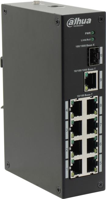 DAHUA DH-PFS3110-8T 8-портовый неуправляемый коммутатор, промышленное исполнение, 8xRJ45 100Mb, 1xRJ45 1Gb, 1xSFP 1Gb, коммутация 13.6 Гбит/с, MAC-таблица 8К