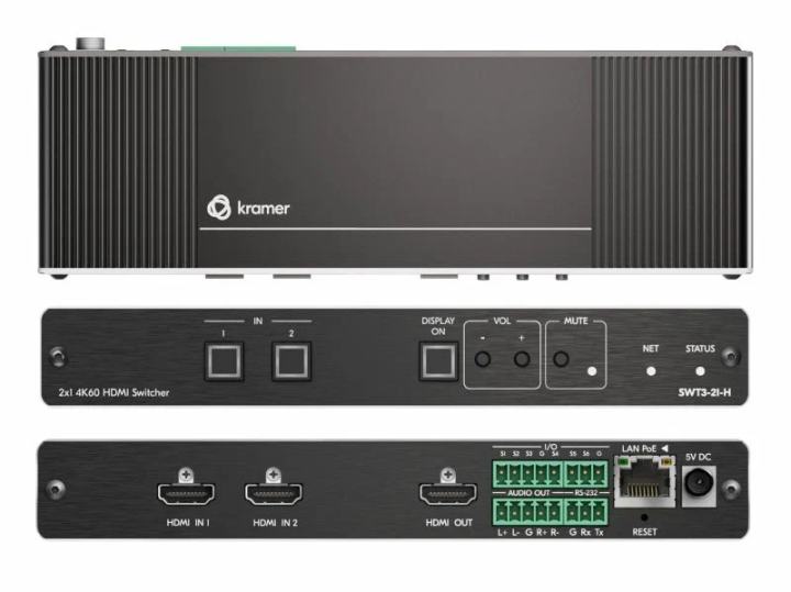 Коммутатор KRAMER SWT3-21-H 20-80593090 2х1 HDMI с автоматическим переключением; коммутация по наличию сигнала, поддержка 4K60 4:4:4, CEC, деэмбедирование аудио, PoE