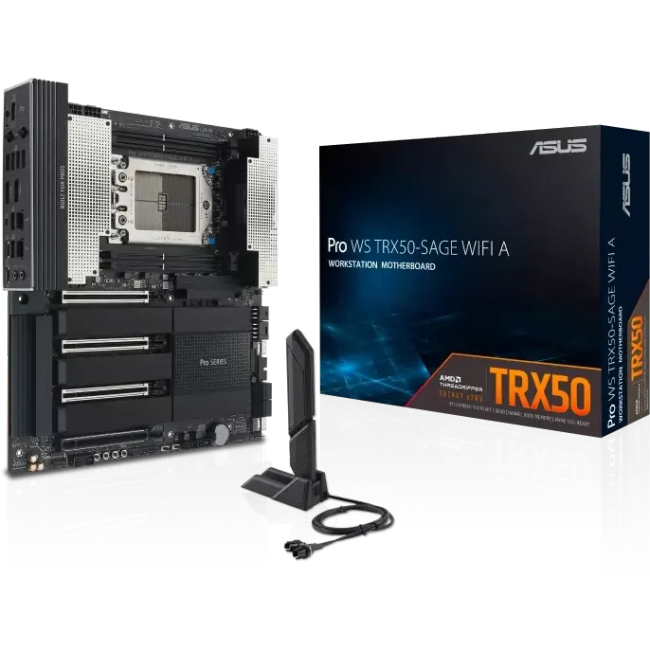 Серверная материнская плата ASUS PRO WS TRX50-SAGE WIFI A, sTR5, AMD TRX50, 4xDDR5, 4xSATA, 4xM.2, 2xSlimSAS, 3xPCIe 5.0 x16, 1xPCIe 4.0 x16, 2xDP, 1x10Gb LAN, 1x2.5Gb LAN, Wi-Fi 7, Bluetooth 5.4, 2xUSB-C 40Gbps (USB4), 6xUSB-A 10Gbps, 1xUSB-A 2.0, 2x3.5 мм, 5.1, CEB