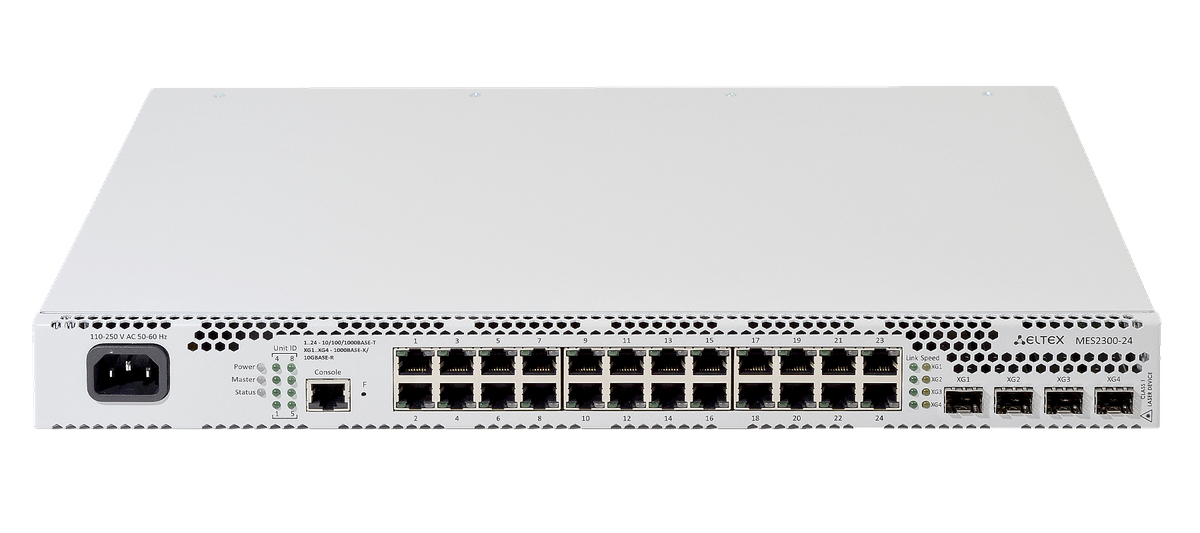 ELTEX MES2300-24_AC Ethernet-коммутатор 24 порта 10/100/1000BASE-T, 4 порта 10GBASE-R (SFP+)/1000BASE-X (SFP), L3, 100–240 В AC