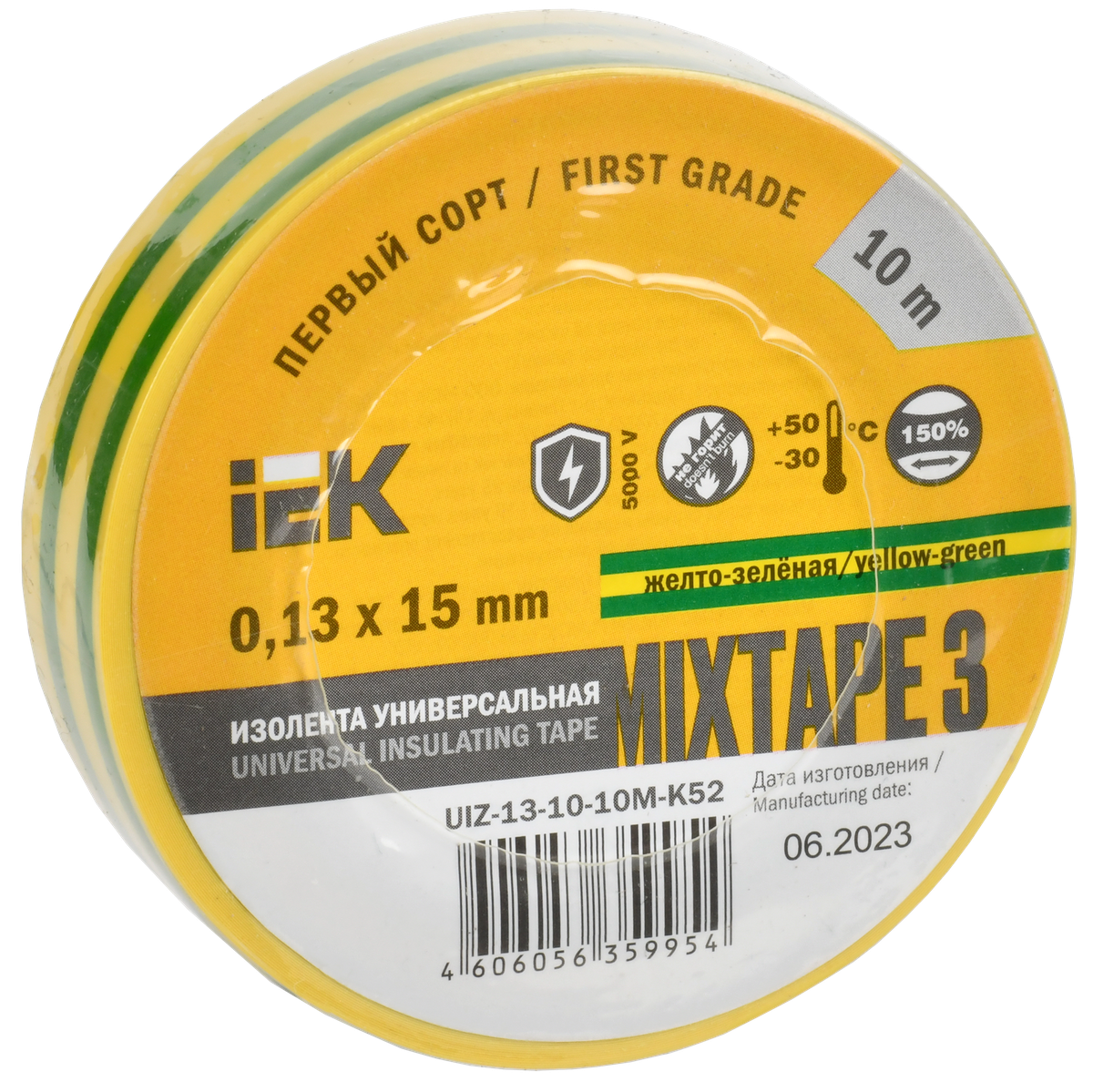IEK <UIZ-13-10-10M-K52> Изолента ПВХ (жёлто-зелёная, 15x0.13мм,10м)