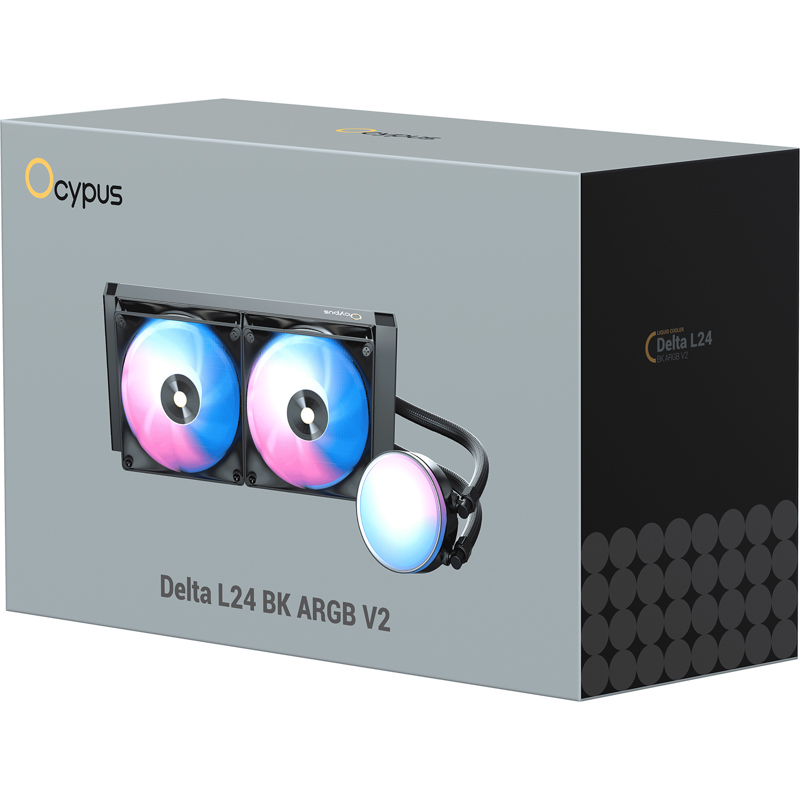 Система жидкостного охлаждения/ Water Cooling System Ocypus Delta L24 BK ARGB V2 (280W, 240mm, Black, ARGB, Fans: 2x120mm, 73CFM, 2000RPM/ Pump height 60mm, 27dBA, 2650RPM, Rad thickness 27mm/ S: 1851, 1700, 1200, 115X, AM5, AM4)