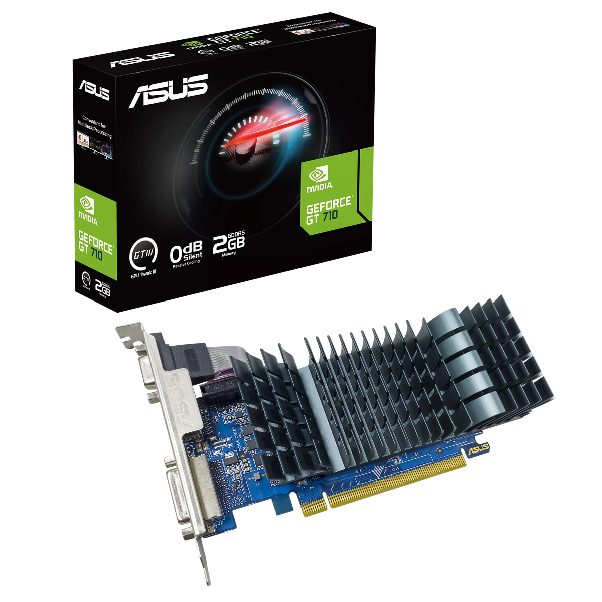 Видеокарта Asus NVIDIA - GeForce GT 710 EVO, PCI-E 2.0 16x, GDDR5 2GB 64bit, 1x VGA, 1x DVI-D, 1x HDMI, 19Вт, 170мм, Full Height, 90YV0ALA-M0NA00