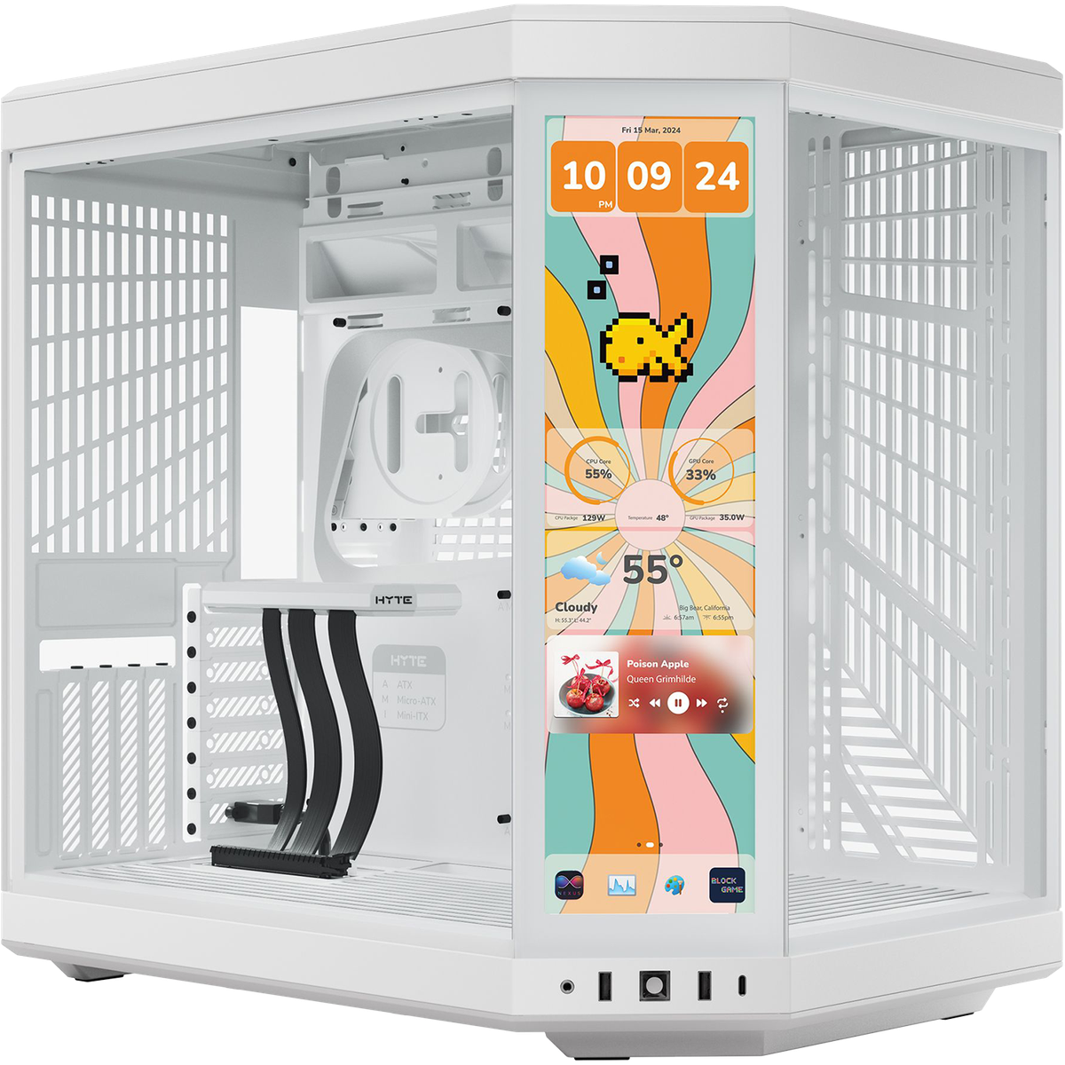 Корпус без блока питания/ Case HYTE Y70 Touch Infinite, Midi-Tower, TG, LCD, no fans, 2xUSB-A 3.2, 1xUSB Type-C, E-ATX, ATX, mATX, mITX White Snow