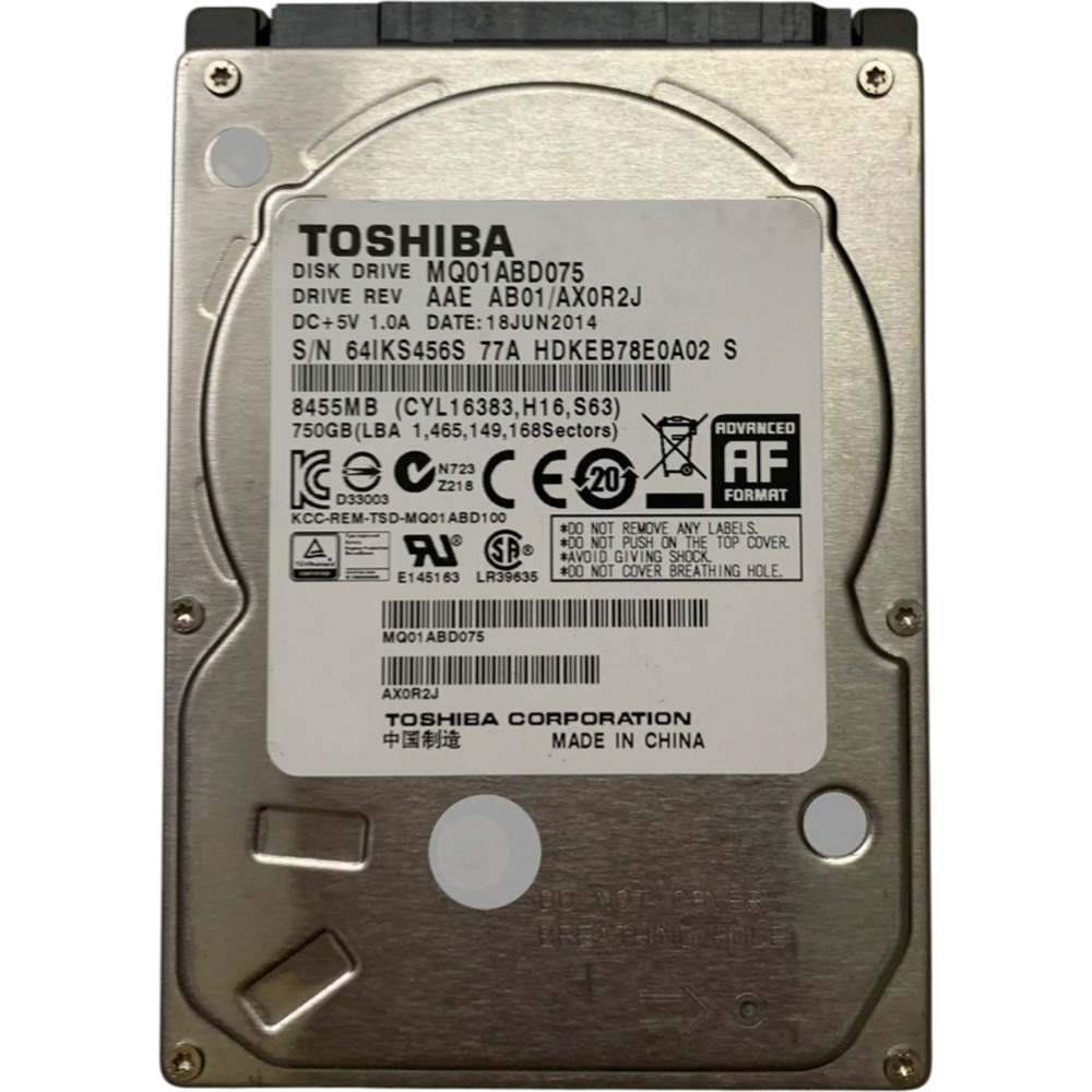 Жесткий диск/ HDD Toshiba SATAII 750Gb 2.5"" 5400 rpm 8Mb OFFICIAL RECERTIFIED 1 year warranty (replacement WD5000LPCX, MQ01ACF050, HDWK105UZSVA, ST500LM030)