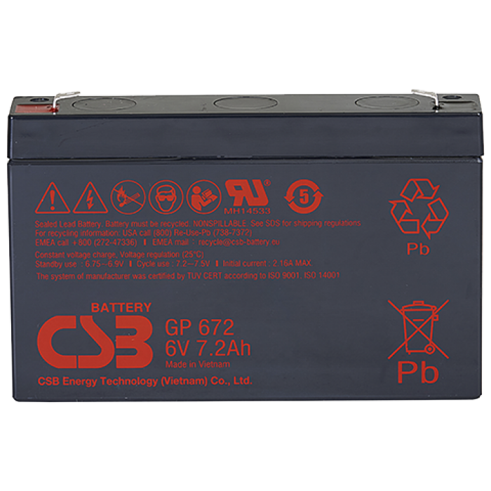 Батарея CSB серия GP, GP672, напряжение 6В, емкость 7.2Ач (разряд 20 часов), макс. ток разряда (5 сек.) 100/130А, ток короткого замыкания 259А, макс. ток заряда 2.16A, свинцово-кислотная типа AGM, клеммы F1/F2, ДxШxВ 151x34x100.7мм., вес 1.22кг., срок служ/ Battery CSB series GP, GP672, voltage 6V, capacity 7.2Ah (discharge 20 hours), max. discharge current (5 sec.) 100/130A, short circuit current 259A, max. charge current 2.16A, lead-acid type AGM, terminals F1/F2, LxWxH 151x34x100.7mm., weight