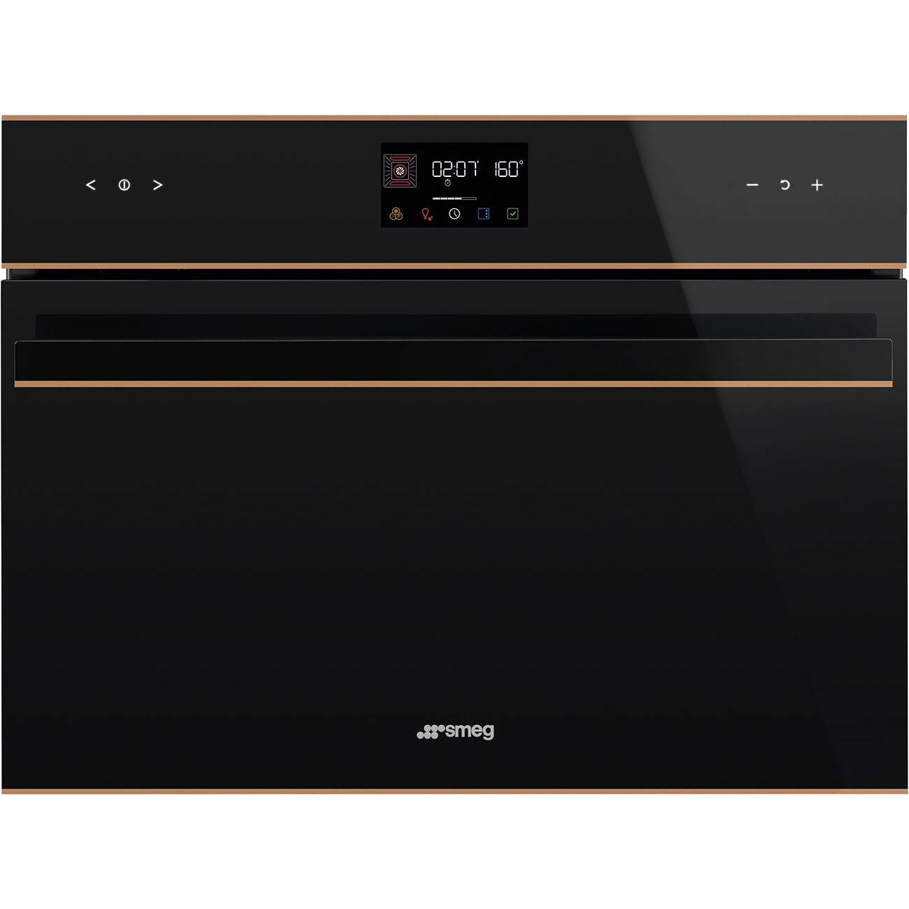 Духовой шкаф Smeg/ Компактный многофункциональный духовой шкаф, комбинированный с микроволновой печью, ширина 60 см, высота 45 см, 11 функций, чёрное стекло Eclipse, медный профиль