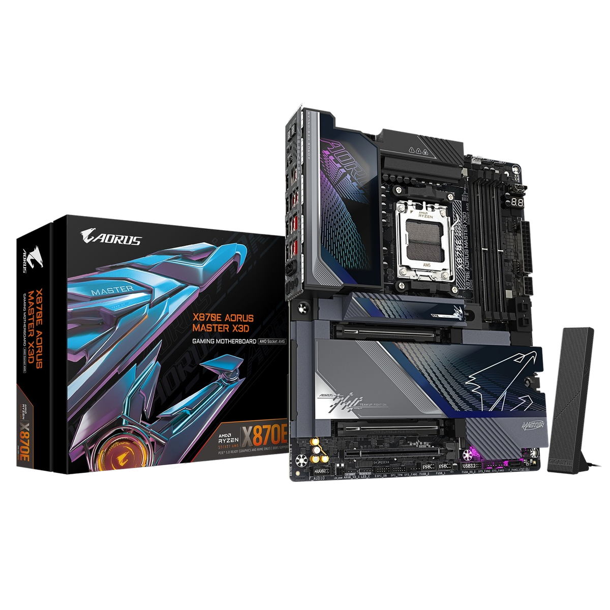 Материнская плата Gigabyte X870E AORUS MASTER X3D, AM5, AMD X870E, 4xDDR5, 4xSATA, 5xM.2, 2xPCIe 5.0 x16, 1xPCIe 4.0 x16, 1xHDMI, 1x5Gb LAN, 1x10Gb LAN, Wi-Fi 7, Bluetooth 5.4, 2xUSB-C 40Gbps (USB4), 1xUSB-C 20Gbps, 1xUSB-C 10Gbps, 7xUSB-A 10Gbps, 3x3.5 мм + S/PDIF оптический, 7.1, ATX
