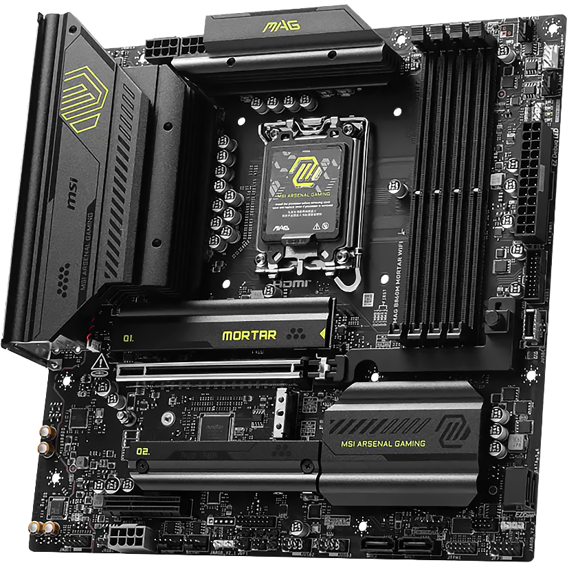 Материнская плата MSI MAG B860M MORTAR WIFI, LGA 1851, Intel B860, 4xDDR5 (до 256 ГБ), 4xSATA, 3xM.2 (1xPCIe 5.0, 2xPCIe 4.0), 1xPCIe 5.0 x16, 1xPCIe 4.0 x4, 1xHDMI, 1xDP, 1x5Gb LAN, Wi-Fi 7, Bluetooth 5.4, 1xUSB-C 40Gbps (Thunderbolt 4), 1xUSB-C 10Gbps, 3xUSB-A 10Gbps, 4xUSB-A 2.0, 3x3.5 мм + S/PDIF оптический, 7.1, чёрный, mATX