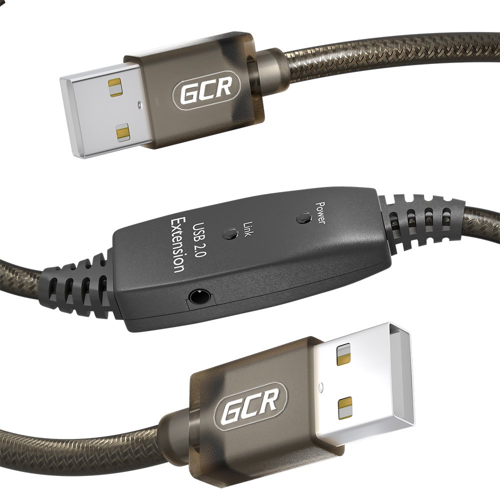 GCR PRO Кабель активный 5.0m USB 2.0, AM/AM, черно-прозрачный, медь, с усилителем сигнала, разъём для доп.питания, 28/24 AWG