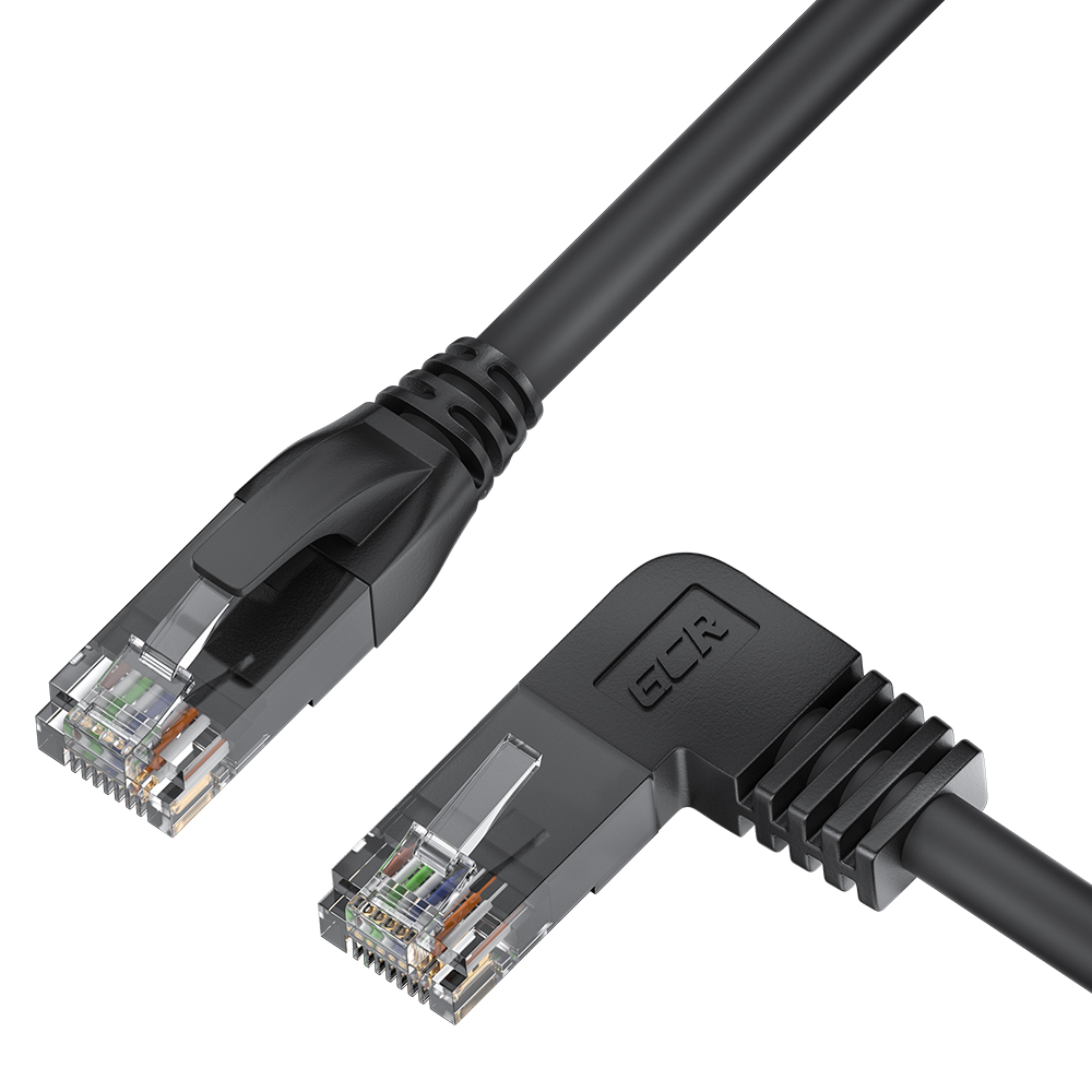 GCR Патч-корд 1.0m UTP кат.5e, черный левый угол, литой, ethernet high speed, RJ45, T568B