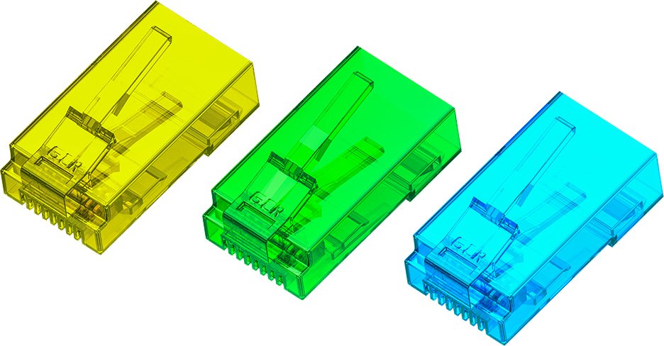 GCR Коннектор цветной RJ-45 cat.5e UTP Male, 8p8c (15 шт/3 цвета по 5шт) для многожильного кабеля