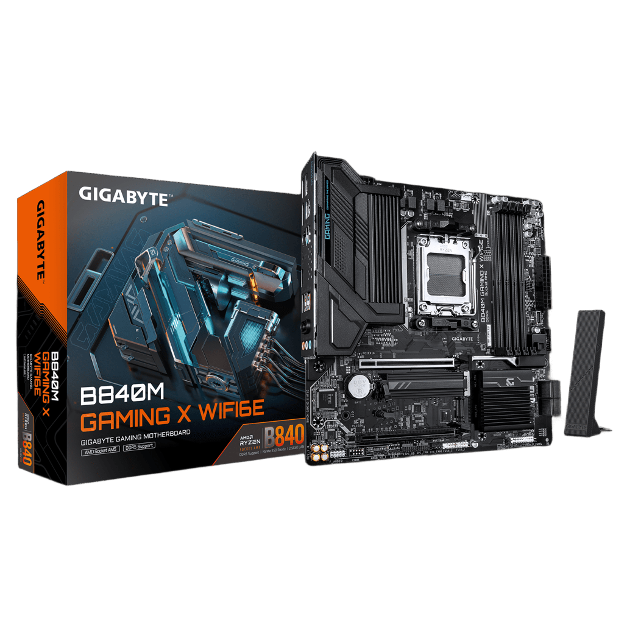 Материнская плата Gigabyte B840M GAMING X WIFI6E, AM5, AMD B840, 4xDDR5, 4xSATA, 2xM.2, 1xPCIe 4.0 x16, 1xPCIe 3.0 x16, 1xHDMI, 2xDP, 1x2.5Gb LAN, Wi-Fi 6E, Bluetooth 5.3, 1xUSB-C 5Gbps, 2xUSB-A 5Gbps, 4xUSB-A 2.0, 1xPS/2, 3x3.5 мм, 7.1, mATX