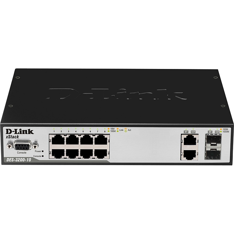 Коммутатор/ DES-3200-10_RFB/A1 Refurbished unit, clean, fully tested, well-packed with power cable and 19' rack mounts.Managed L2 Switch 8x100Base-TX, 2xCombo 1000Base-T/SFP, Surge 6KV, CLI, RS-232 Console, Dying Gasp, H/W A1.