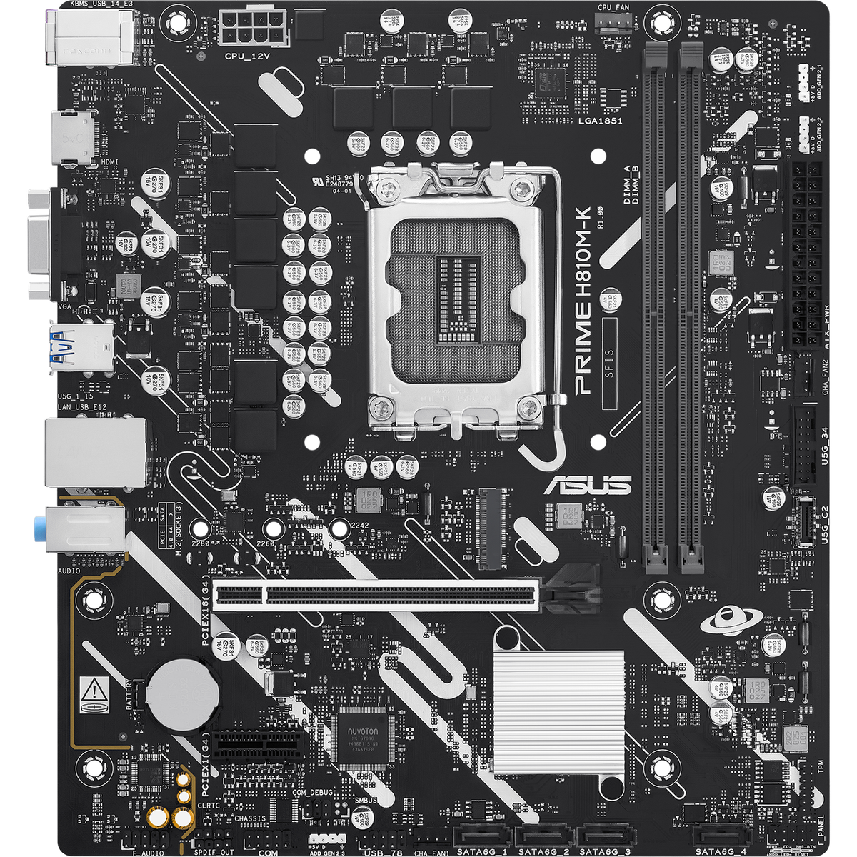 Материнская плата ASUS PRIME H810M-K, LGA 1851, Intel H810, 2xDDR5, 4xSATA, 1xM.2, 1xPCIe 4.0 x16, 1xPCIe 3.0 x1, 1xVGA, 1xHDMI, 1x1Gb LAN, 2xUSB-A 5Gbps, 4xUSB-A 2.0, 3x3.5 мм, 7.1, mATX